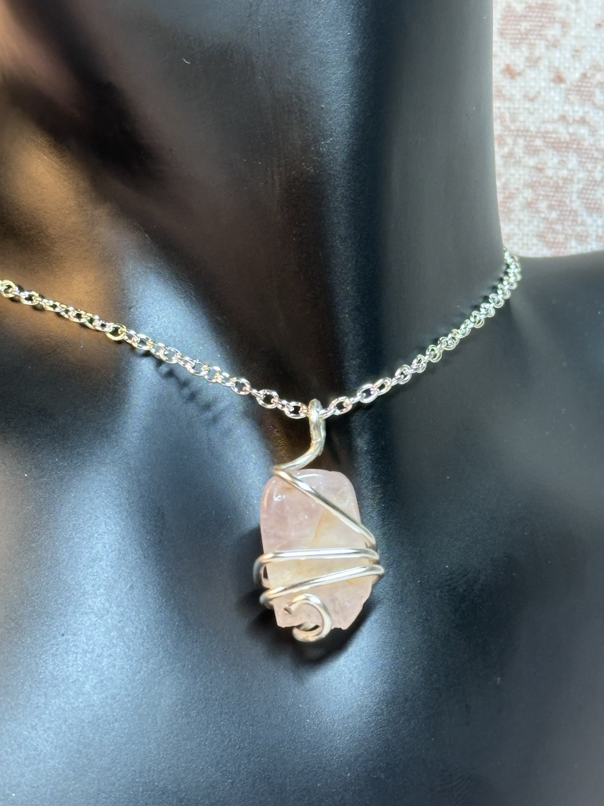 handmade Wire Wrapped Irregular Pink Stone Charm Pendant Silver Cable Chain