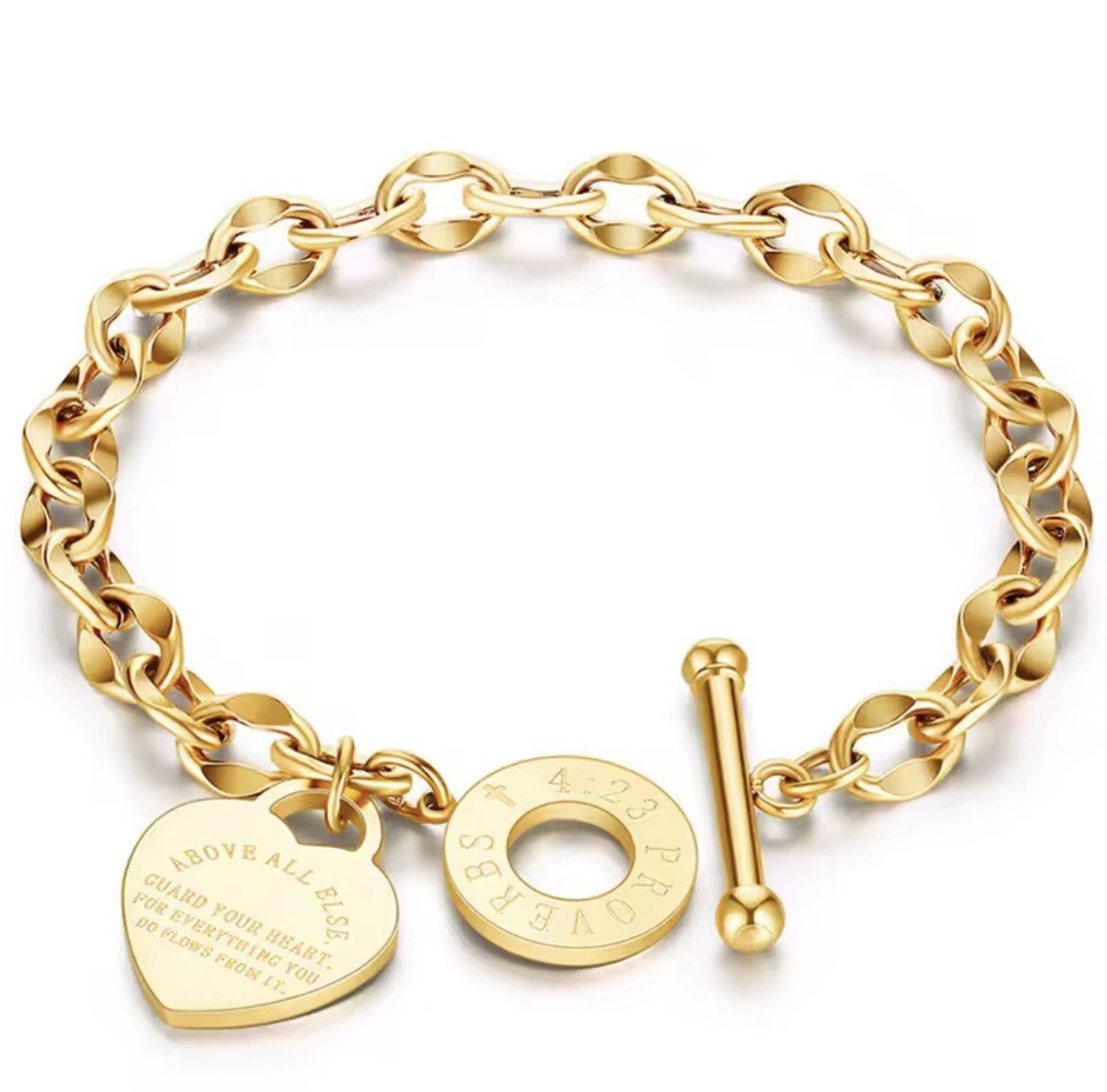 Gold Heart Charm Bracelet Engraved Heart T Bar Bangle Chain Jewellery 17cm