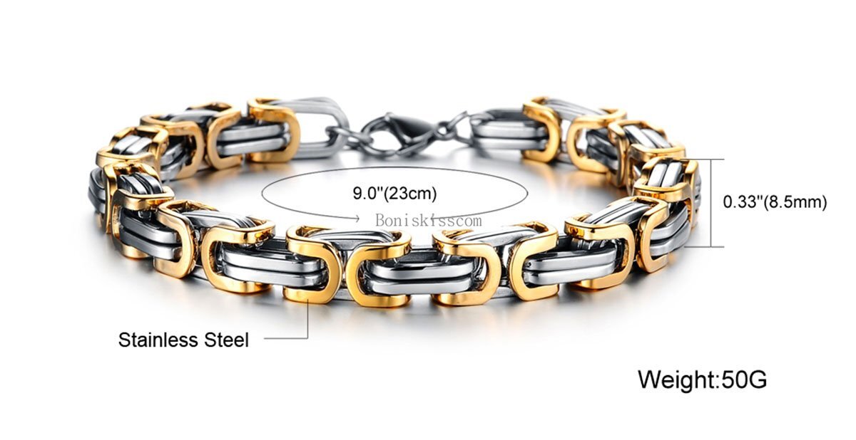 Silver Gold Black Tone Square Byzantine Stainless Steel Bracelet Mens Boys Chain
