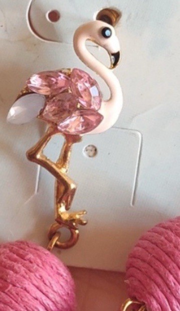 NWT Earrings Paradise Shores Pink Flamingo Enamel, Rhinestone Twine Ball Drops