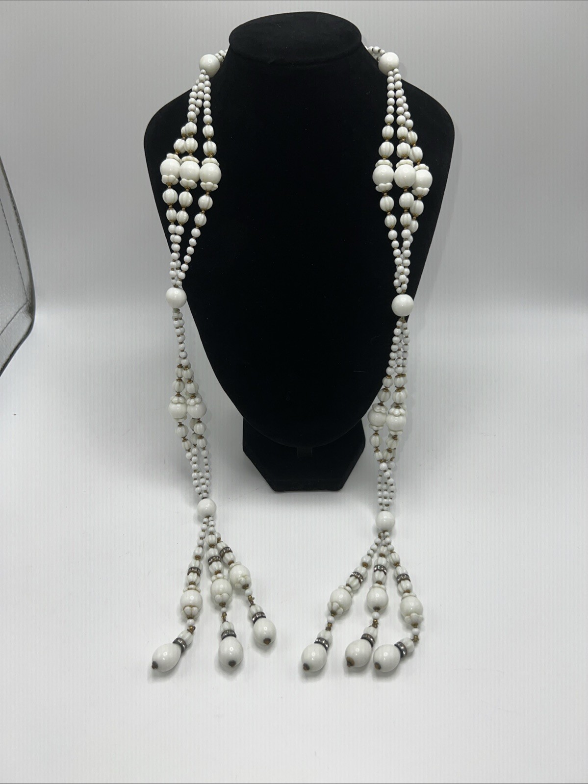 1930s 40s Milk Glass Lariat Necklace Rhinestone Multi Strand Art Deco 34”