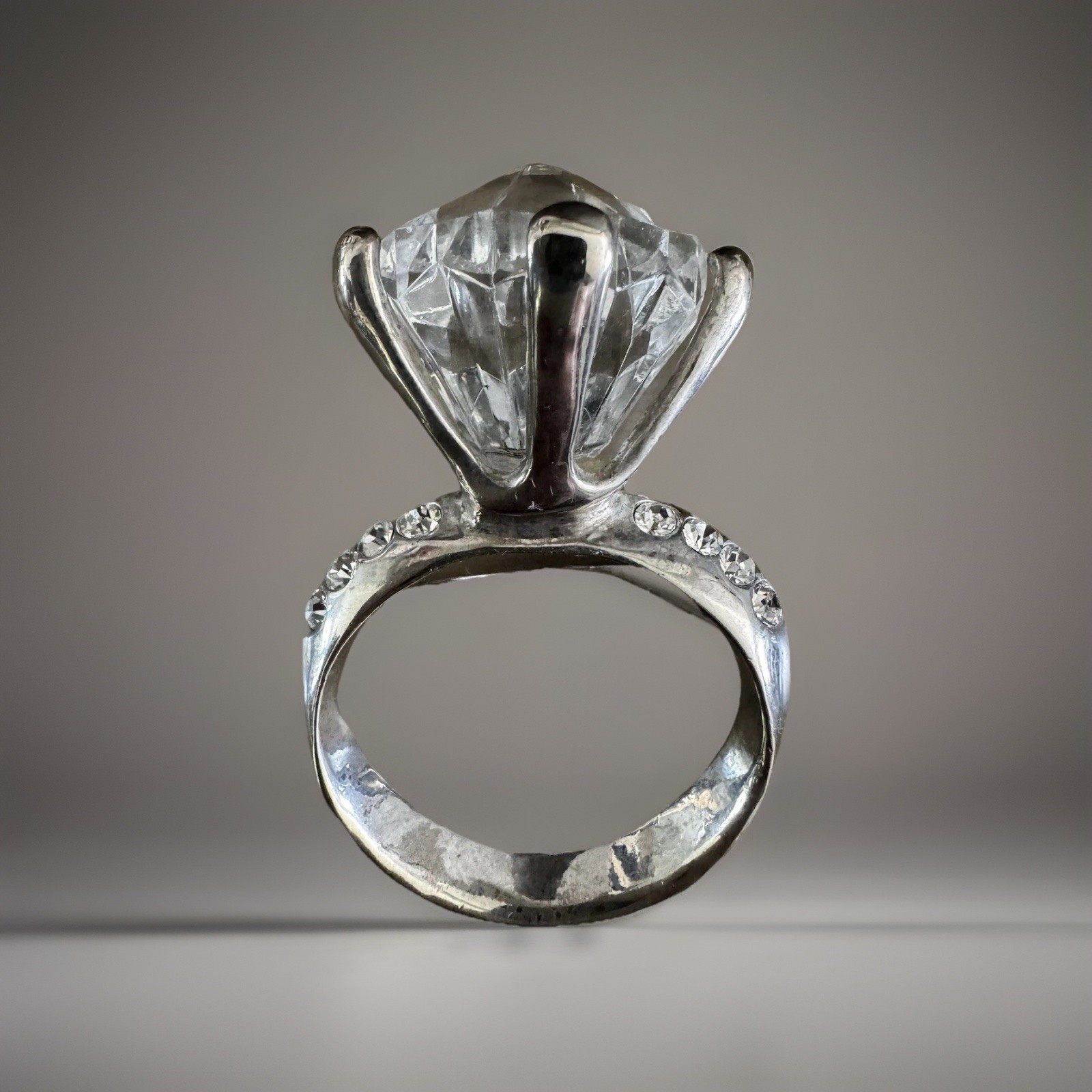 Silver Tone Huge Clear White Rhinestone Solitaire Ring Brooch Pin