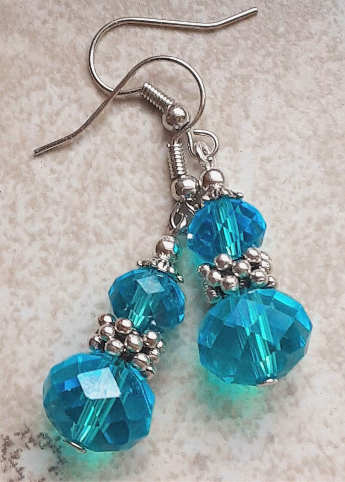 double AQUA BLUE Faceted CRYSTAL earring SP FISH HOOK handcrafted WPCF16