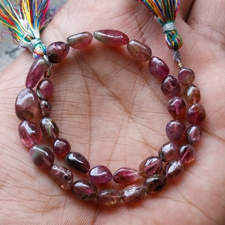 60 Ct 5.5×6 to 5×12 MM Natural Multi Bi Color Tourmaline Tumble 10 Inch Beads