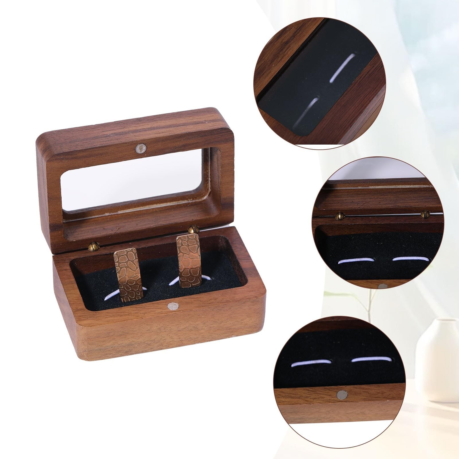 CHGCRAFT Walnut Wooden Cufflink Box with Window Square Small Cuff Links Displ…