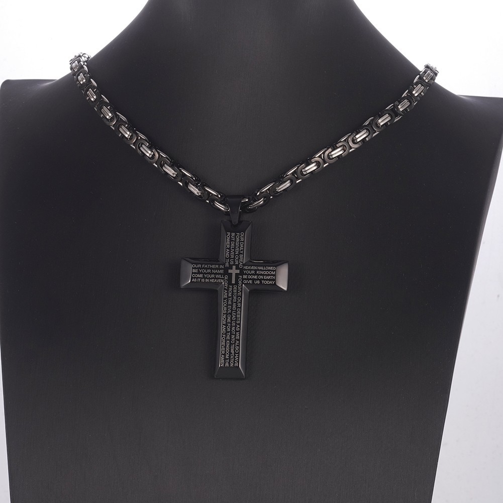 Men’s Black Stainless Steel Scripture Cross Pendant Necklace Byzantine Chain