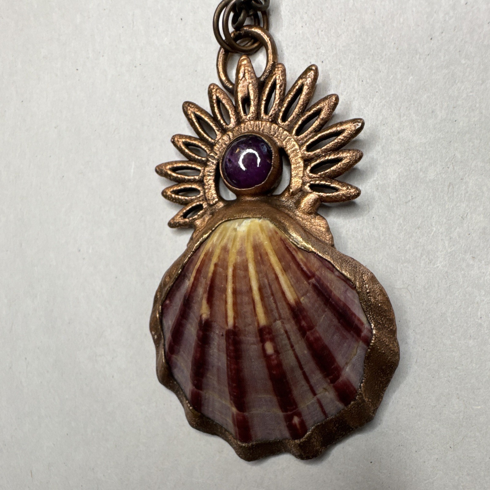 Scallop Shell Charm Pendant Necklace, burgundy Crystal Cabochon, Bronze Tone