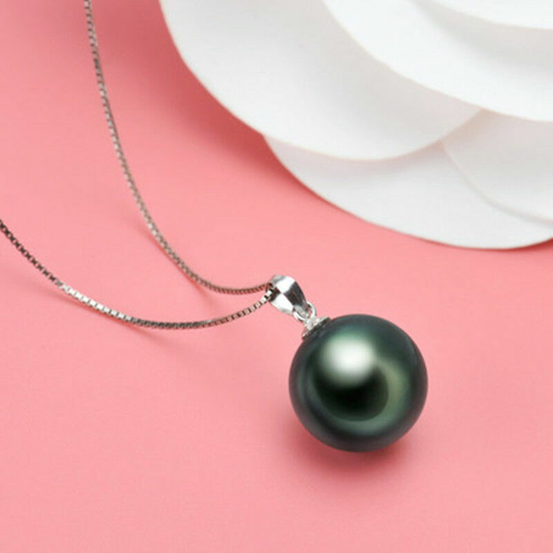 925 Silver Tahitian Black SHELL Pearl 8/10/12/14/16mm Pendant 18″ Necklace PE33
