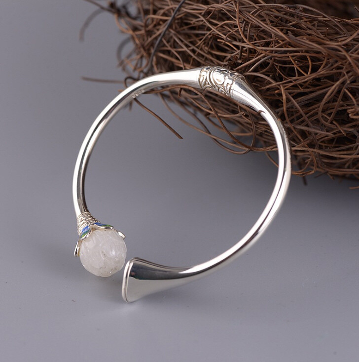 I05 Silver 925 Lotus Flower White Jade Cloisonne Blue Green Bangle Bracelet