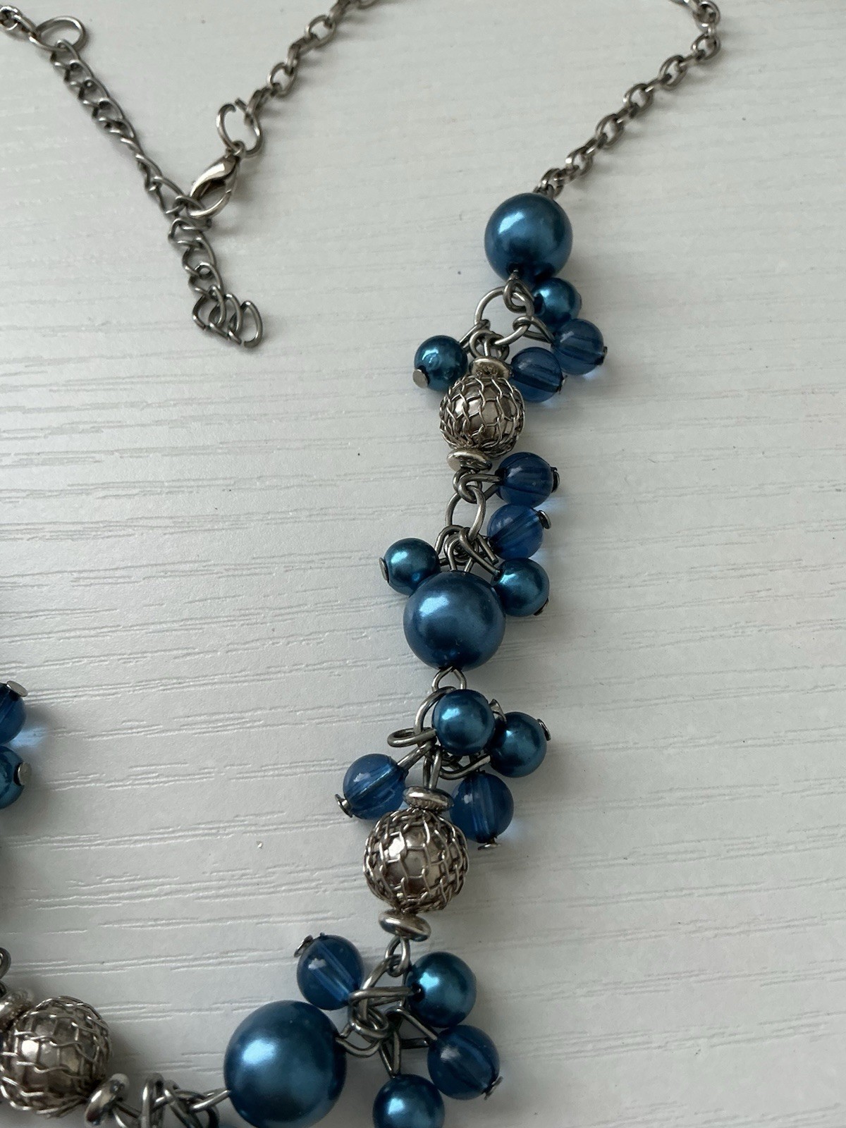 Unbr Added Silver Tone Chain With Variety Sizes Blue Gems Necklace 10” L Or 20”R