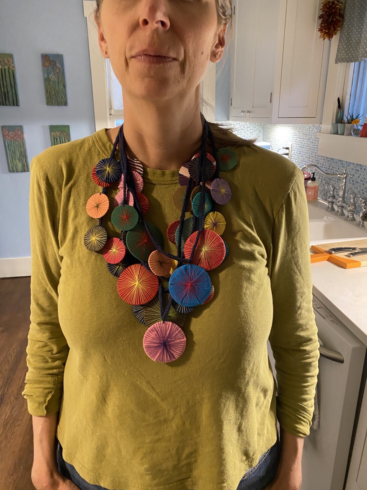 Bohemian Threadburst String/Disc Art Textile Multi-Layer Necklace 14″