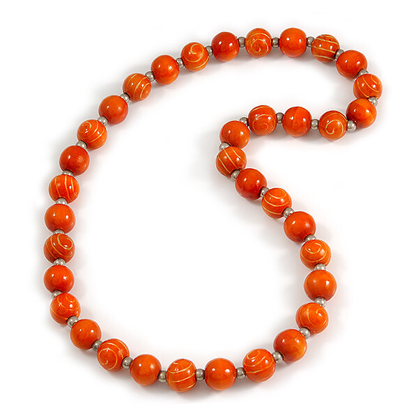 Long Chunky Orange Wood Bead Necklace – 82cm L