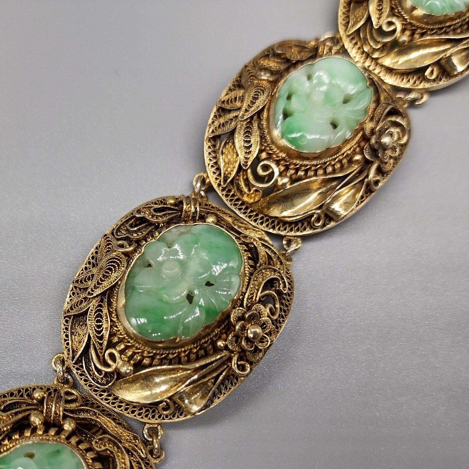 Chinese Export Carved Jade Gilt Silver Filigree Bracelet Vintage Antique Jewelry