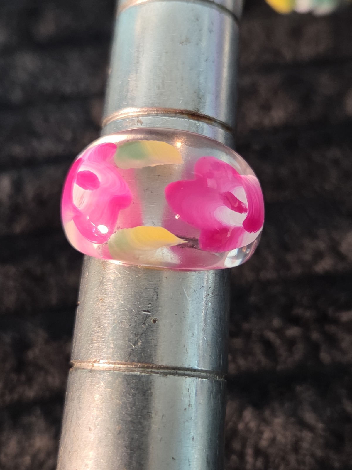 5 Plastic Resin Rings Multicolor Flower Ring Clear Band Handmade Painted Size 9