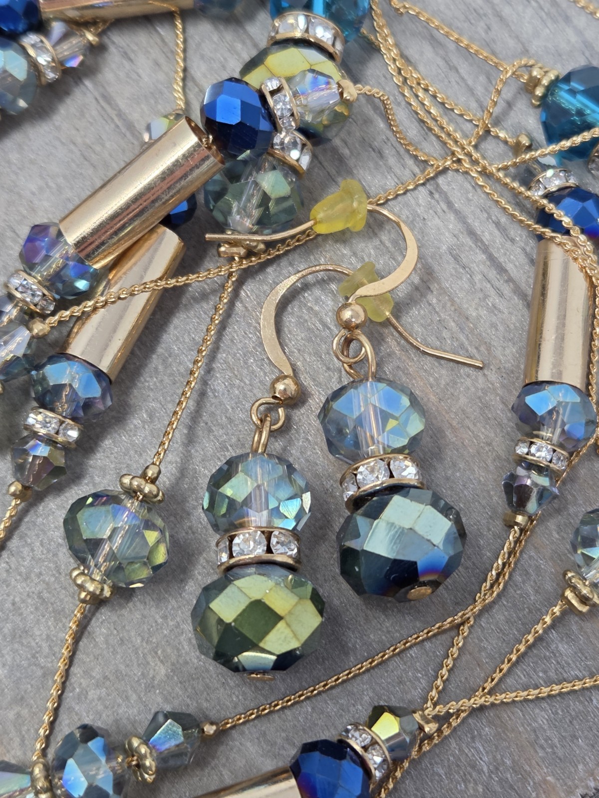 Gold Tone Iridescent Gray & Teal Crystal Long Station Necklace & Earrings Set