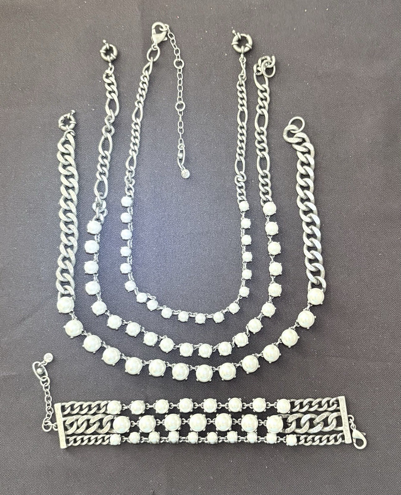Cabi Multiple Strand Necklace Bracelet Pearl Gunmetal Tone Versatile Heavy duty