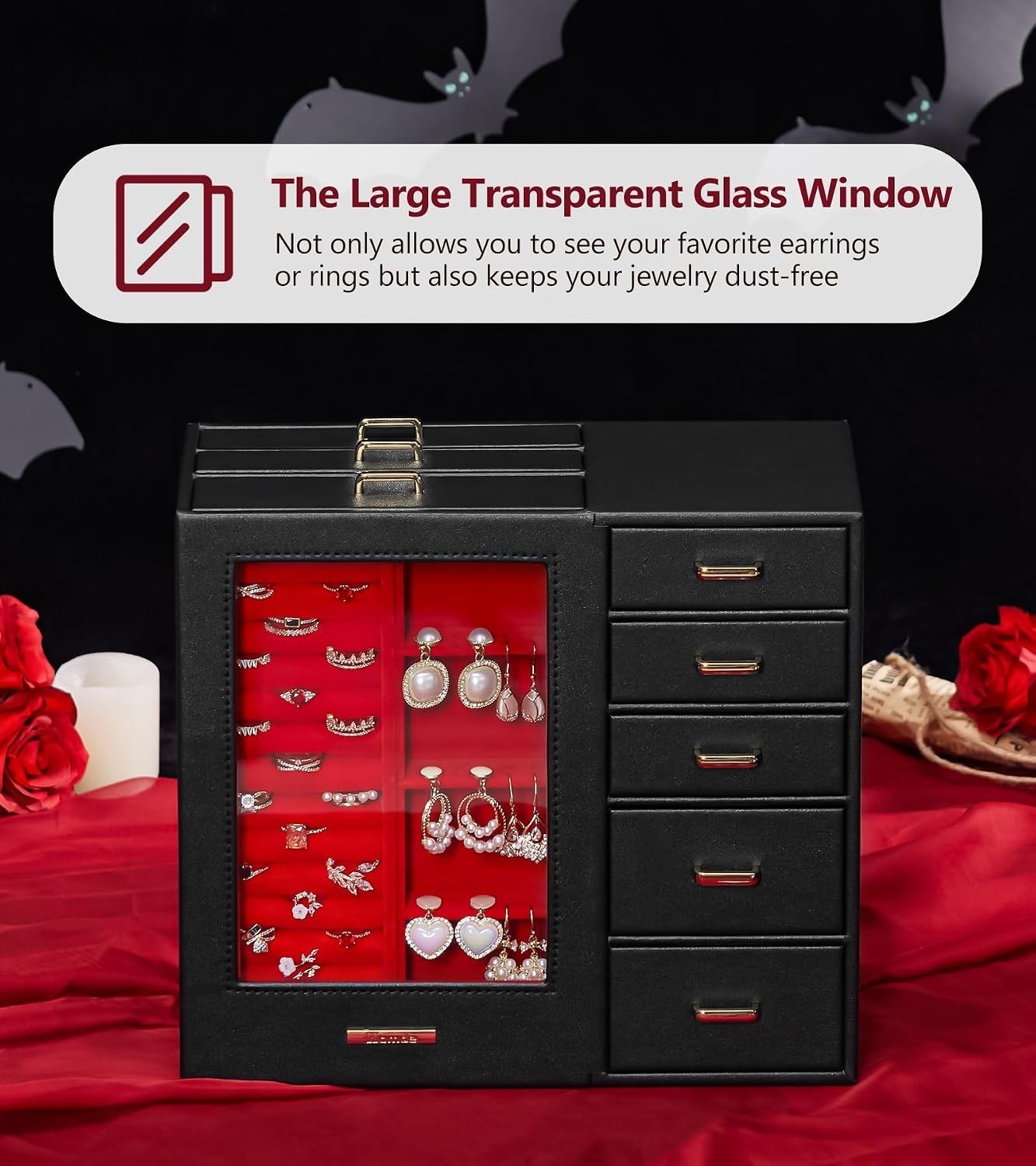 Elegant Large Jewelry Organizer with Glass Window & Velvet Lining – Ideal Gift