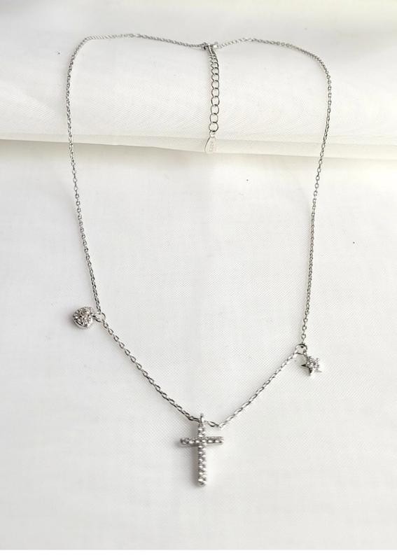 Retro Style Silvery Rhinestone Pave Cross & Cubic Zirconias Chain