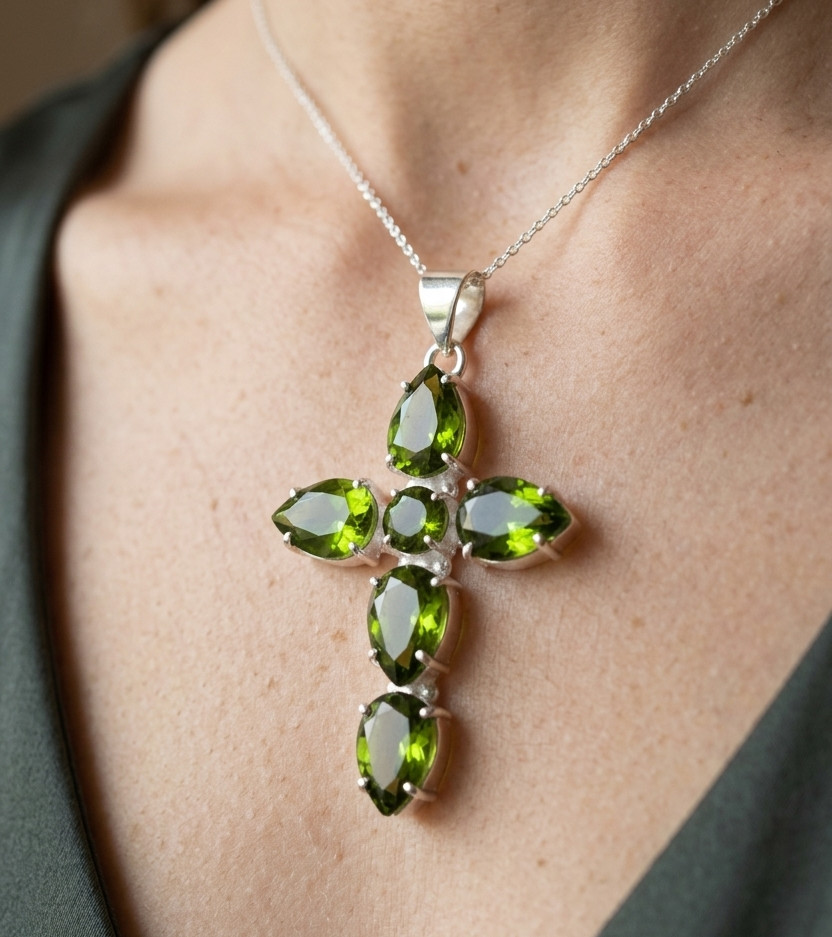 Green Peridot Gemstone Cross Pendant 925 Sterling Silver Artisan Jewelry S-1.50″
