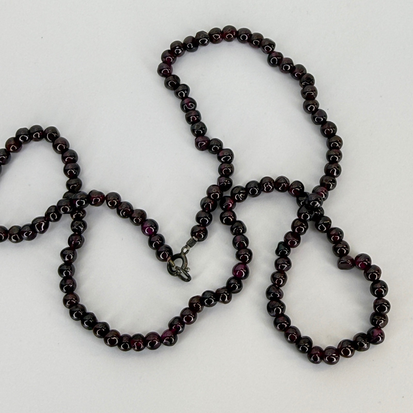 Vintage Round Garnet Bead Strand Necklace Sterling Silver Dark Red Burgundy
