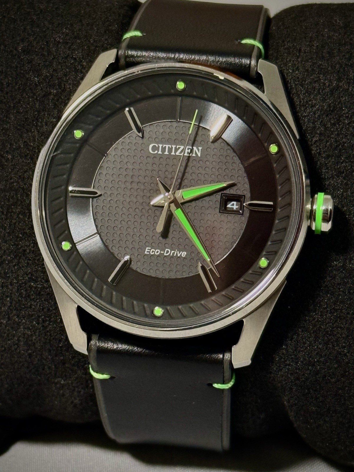 Citizen Eco-Drive Black Dial Green Accent Leather Strap Men’s Watch E111