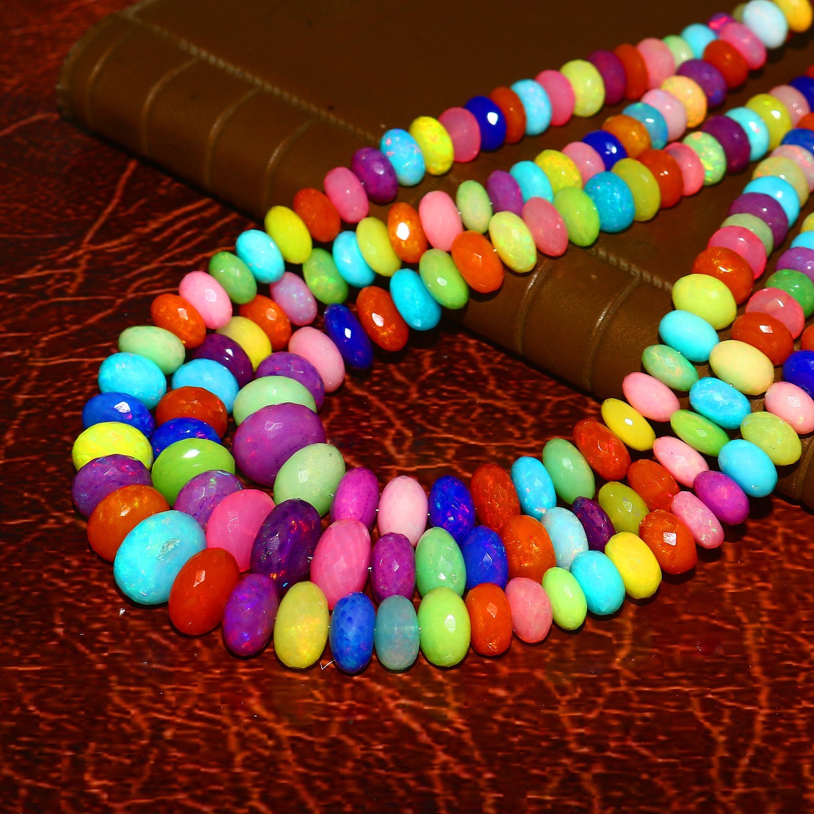 Ethiopian Welo Opal Faceted Round Bead Necklace Multi-Color Play of Fire 566