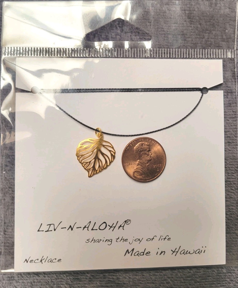 LIV-N-ALOHA 18K Gold Dipped Brass Leaf Pendant & Cord Necklace 17″ Hawaii Unisex