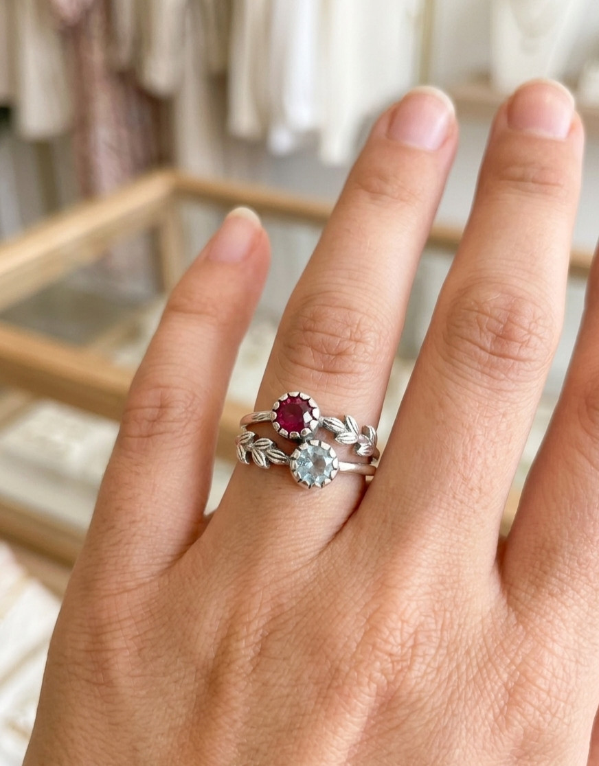 Elegant Brass Floral Ring Garnet And BT Silver Color Design Handmade For Her.