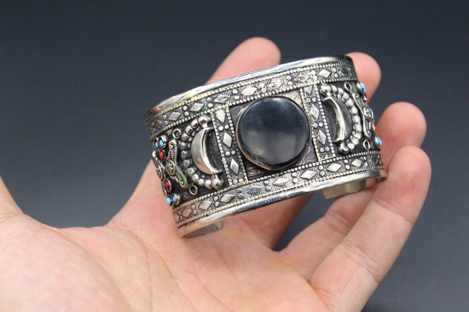 Afghan Cuff Bracelet, Black Onyx Stones Cuff Bracelet, Boho Cuff Bracelet