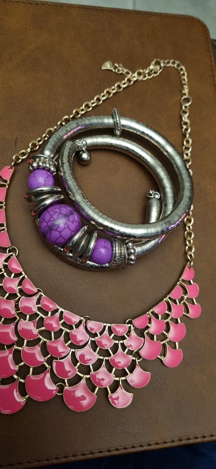 Pink Enamel bundle X 2 Gold-Tone Chain Clasp. Bangle Silver Wrap Purple Shade