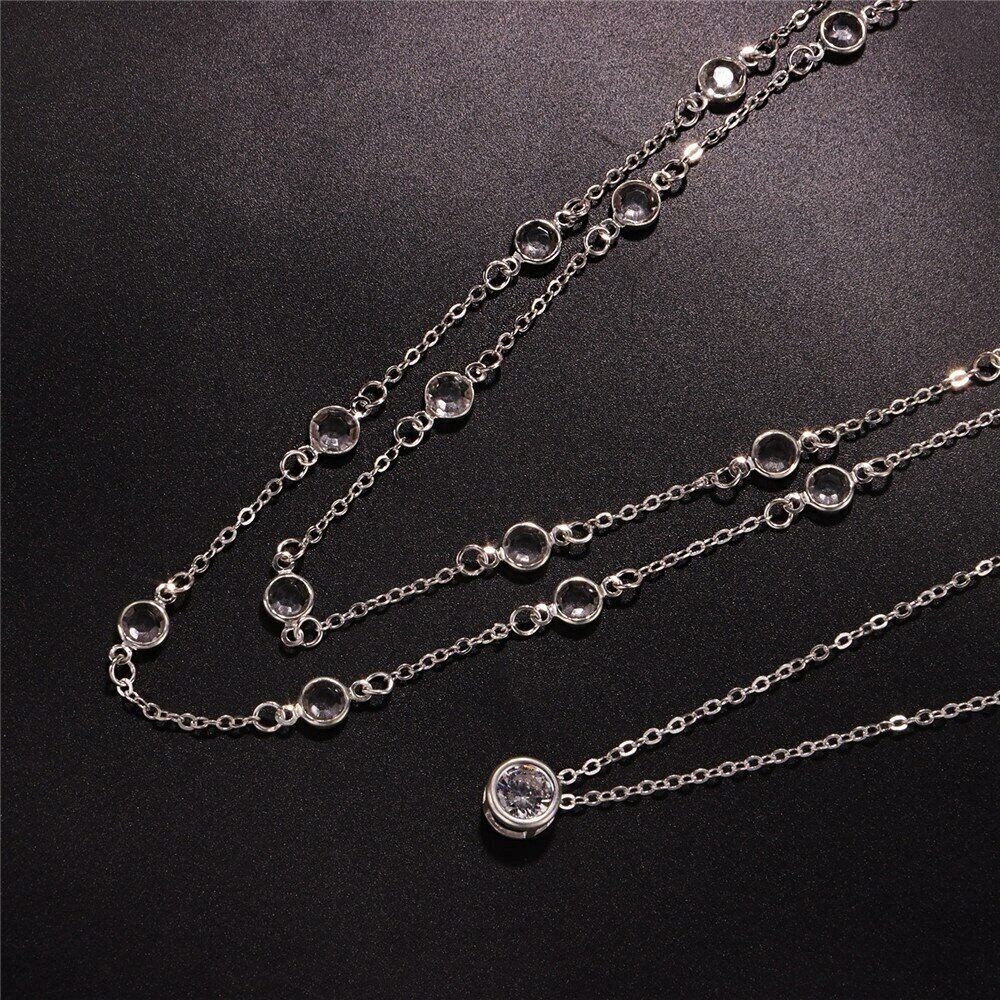 Crystal Silver Necklace Long Lariat Choker 2 Layer Y Drop Chain Stations Sparkle
