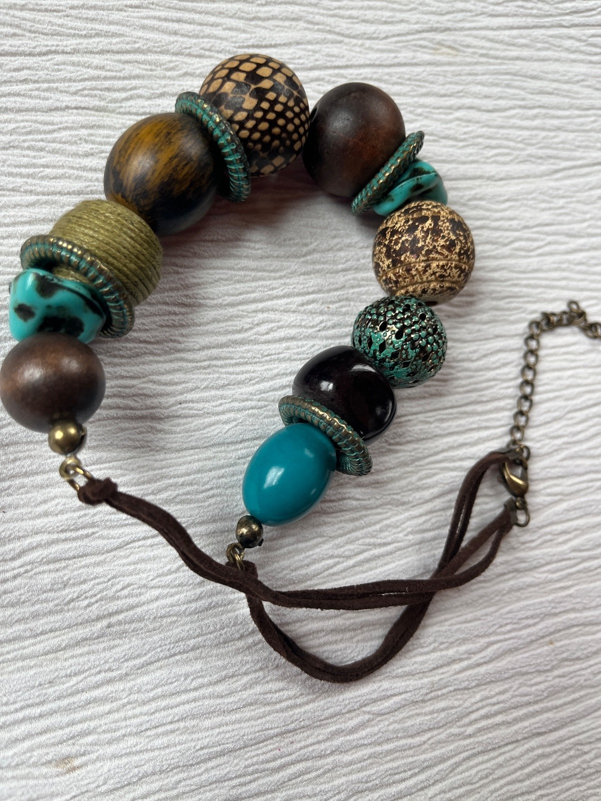 Dark Brown Double Suede Cord w Chunky Turquoise Brown Metal Wood Plastic Bead