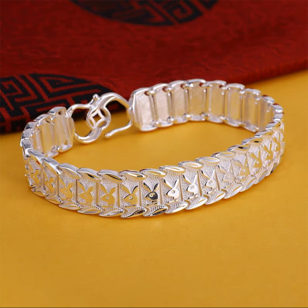Pure 990 Fine Silver Bracelet Women Men 13mm Rabbit Watch Link 7inch to 8inch