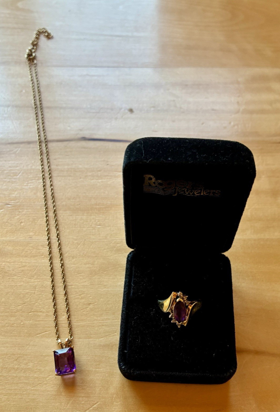 Amethyst 10K Gold Diamond Ring and 14K Gold Amethyst Necklace Pendant Set