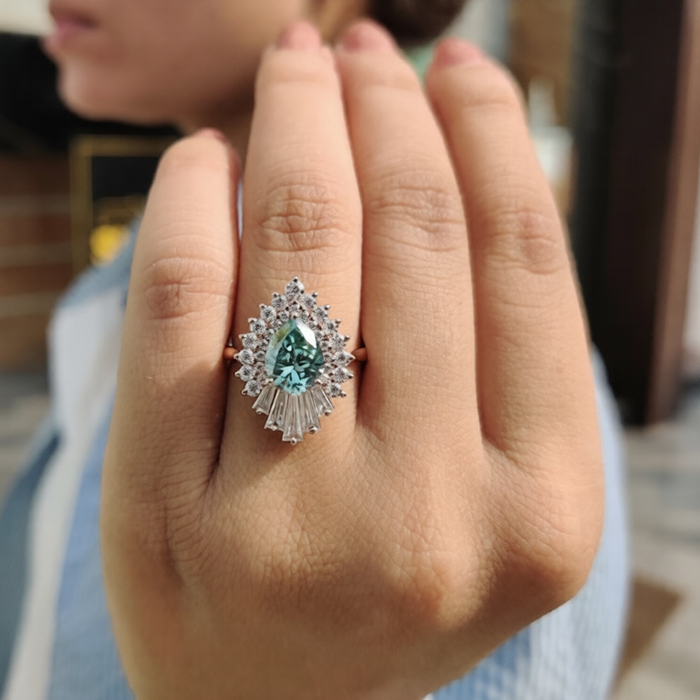 Cyan Blue Pear Moissanite Engagement Ring 3.05 TCW Vintage Halo Rose Gold Plated