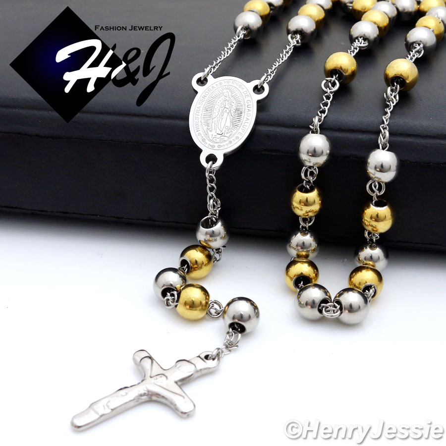 30+5″Stainless Steel 8mm Silver/Black/Gold Plated Virgin Mary Rosary Necklace