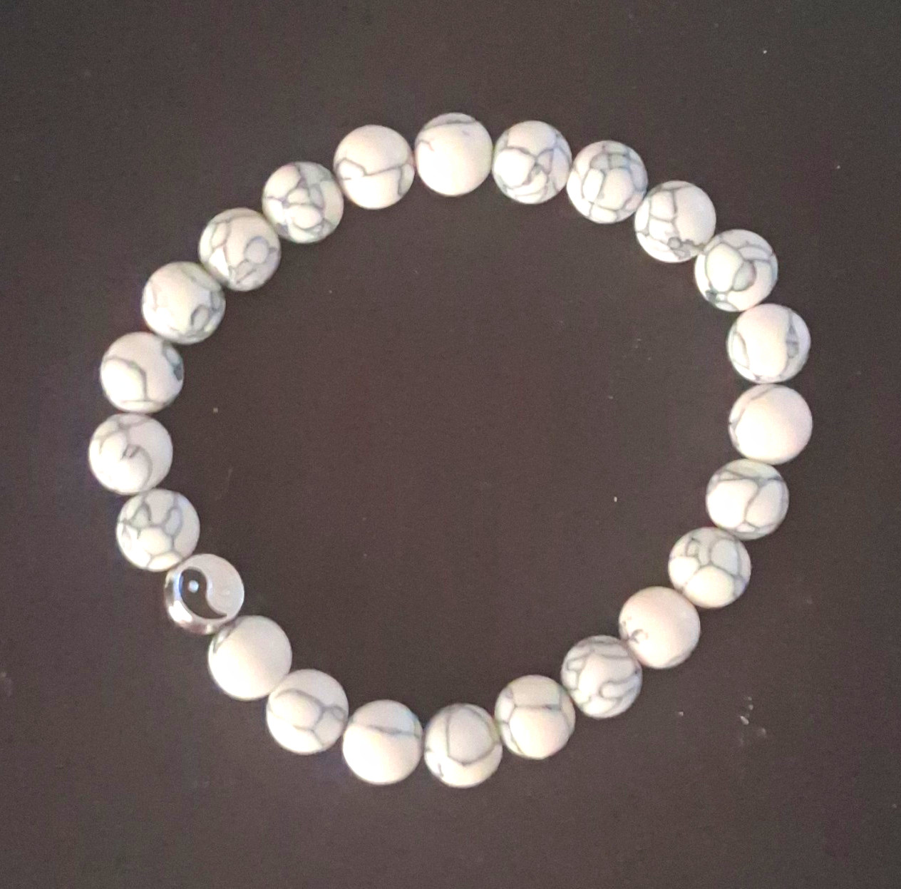 Yin Yang White Gray Black Round Stone Beaded Stretch Bracelet