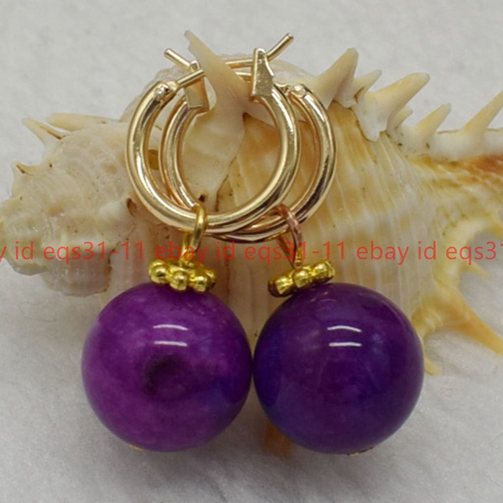 Wonderful 14mm Purple Sugilite Round Gemstone Beads Leveback Earrings