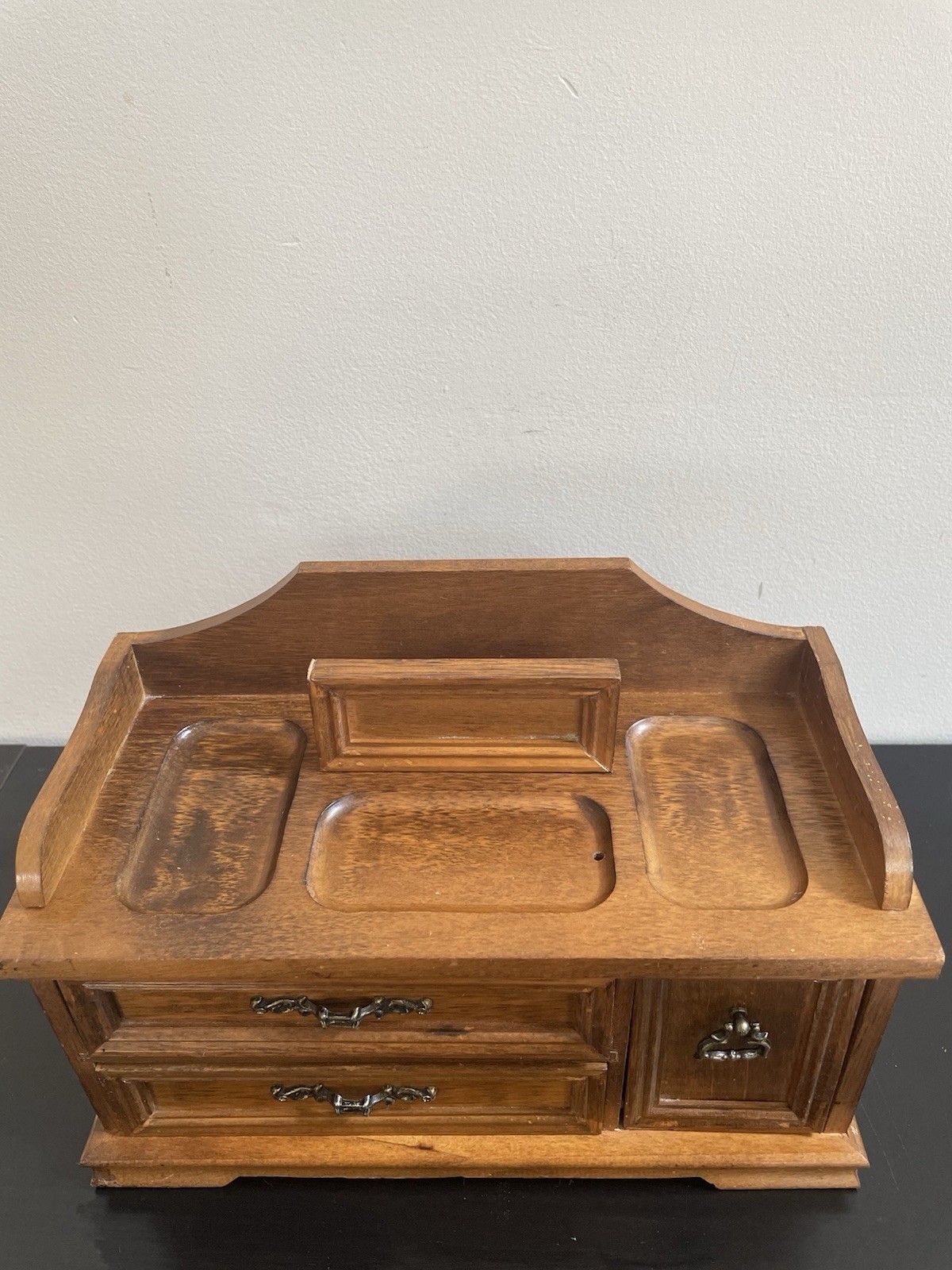 Vintage 1970s Carved Walnut Desktop Jewelry Box 3 Drawers 12”x 8,5”x 6”