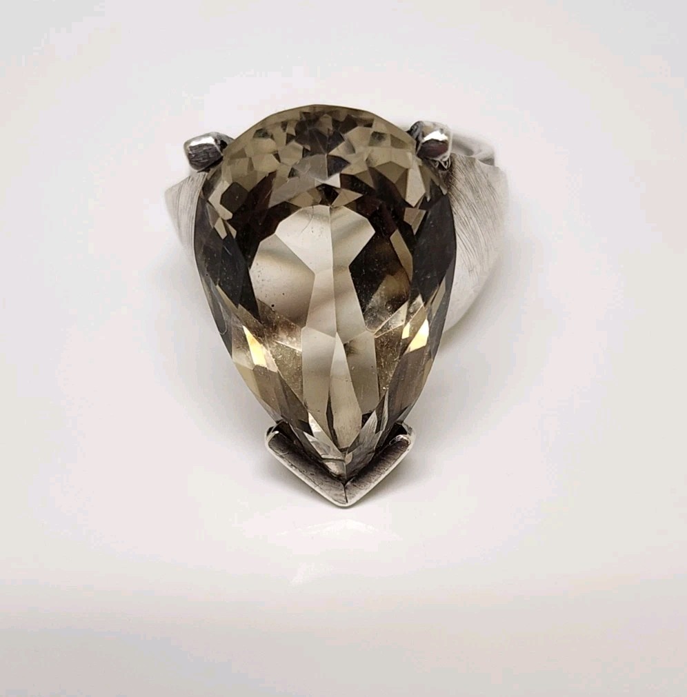 Large Champagne Quartz Statement Ring Pear Cut Light Smoky Quartz Silver…