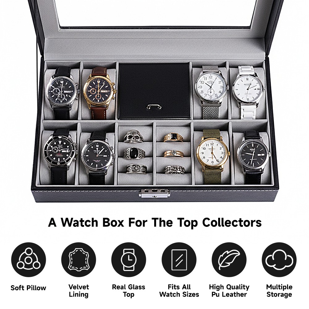 Mens Watch Box Display Case Storage Organiser PU Leather Holder Glass Top Gift