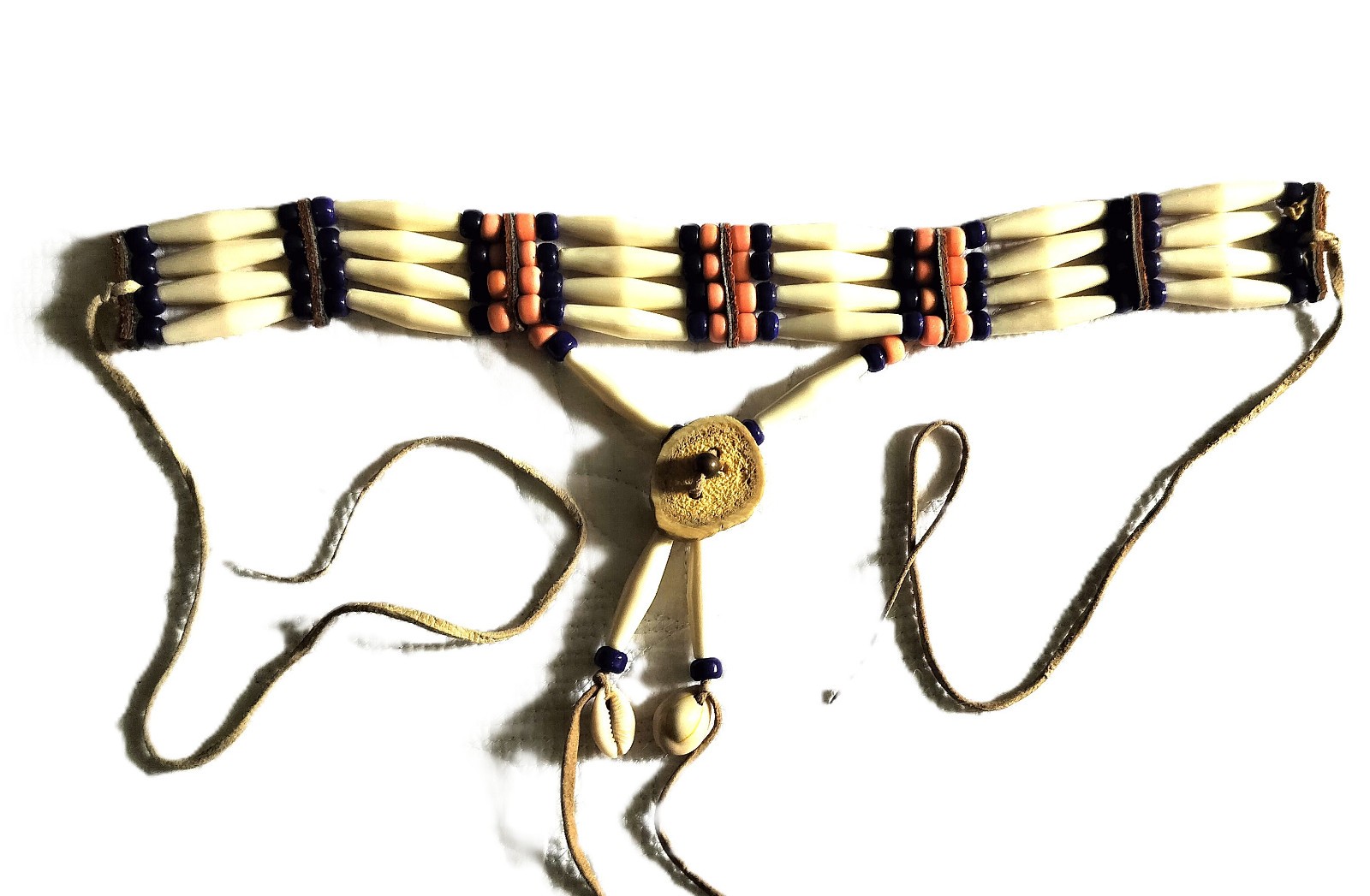 Vintage Native American Buffalo Bone Abalone Beads Leather Choker Necklace VGC!