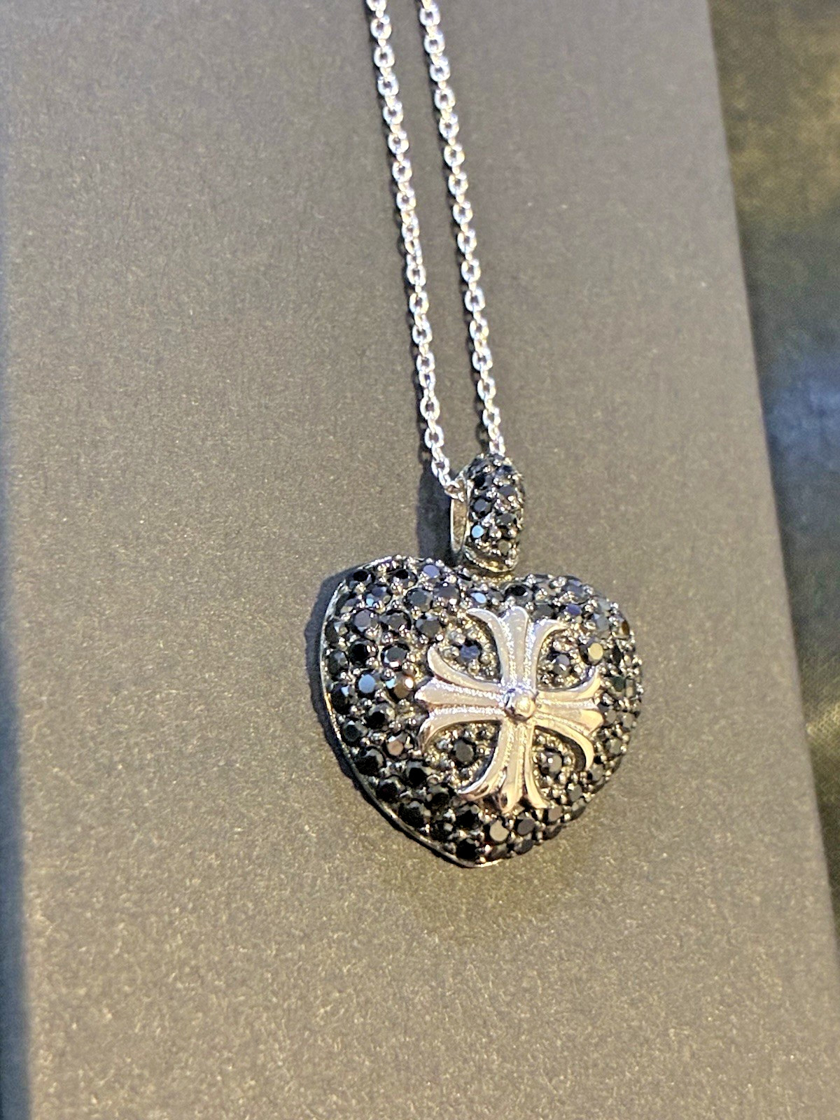 925 Sterling Silver Rhodium Black CZ Heart Cross Pendant Necklace 16″ + 2″