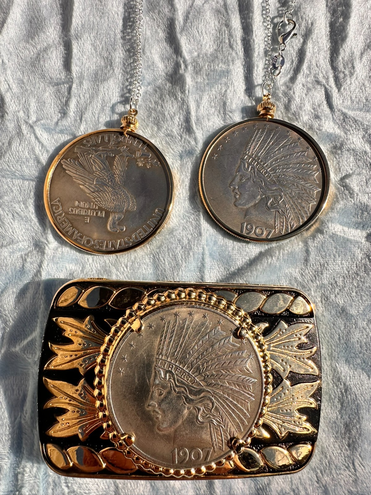 Antique 1907 Silver Indian Head Eagle & 24K Gold Necklace or Belt Buckle Bar