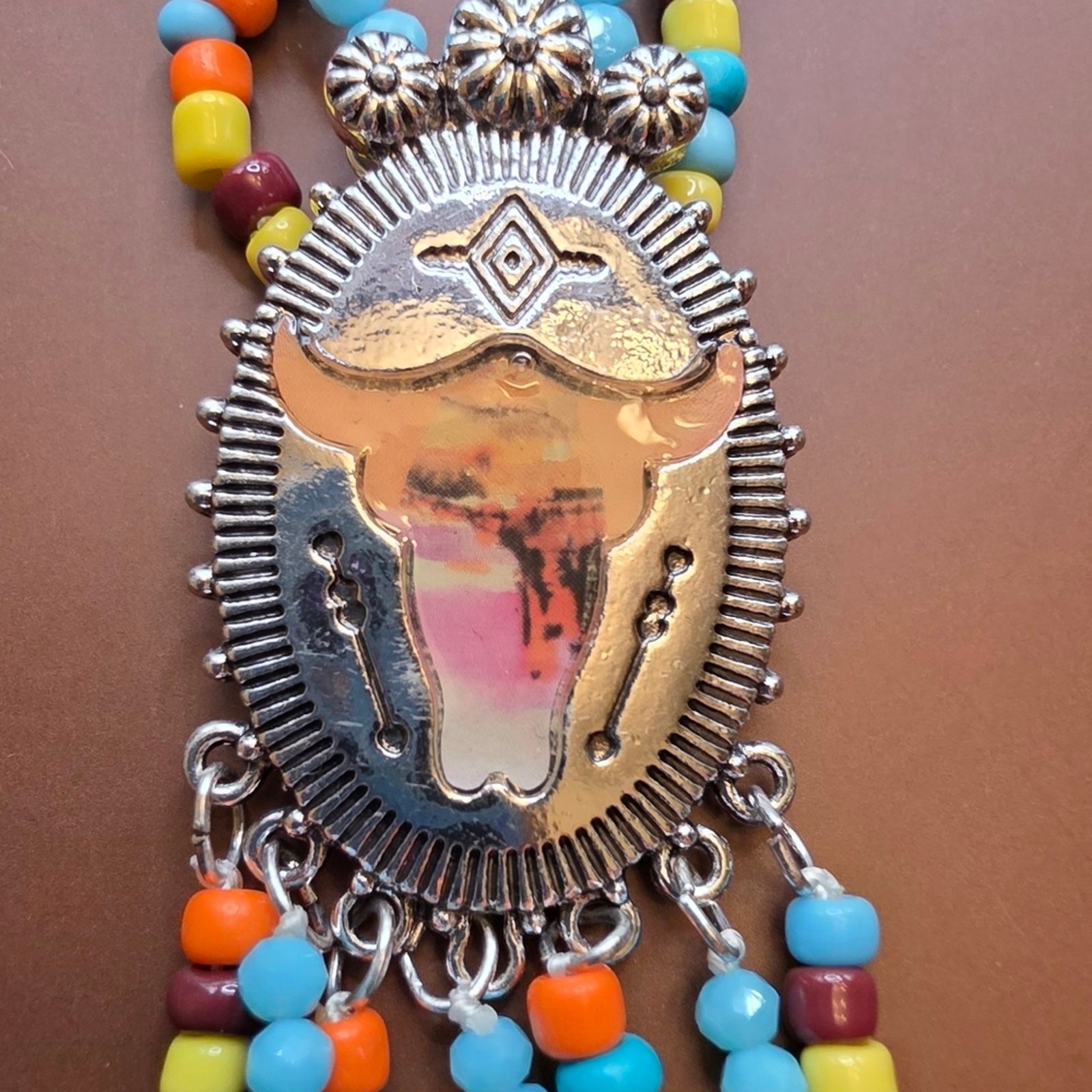 Boho Silver Bull Pendant Beaded Necklace in Turquoise & Orange