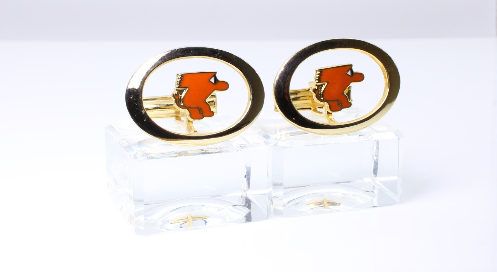 Vintage 1950s Orange Enamel Mascot Floating Logo Cufflinks MCM Gremlin Gnome
