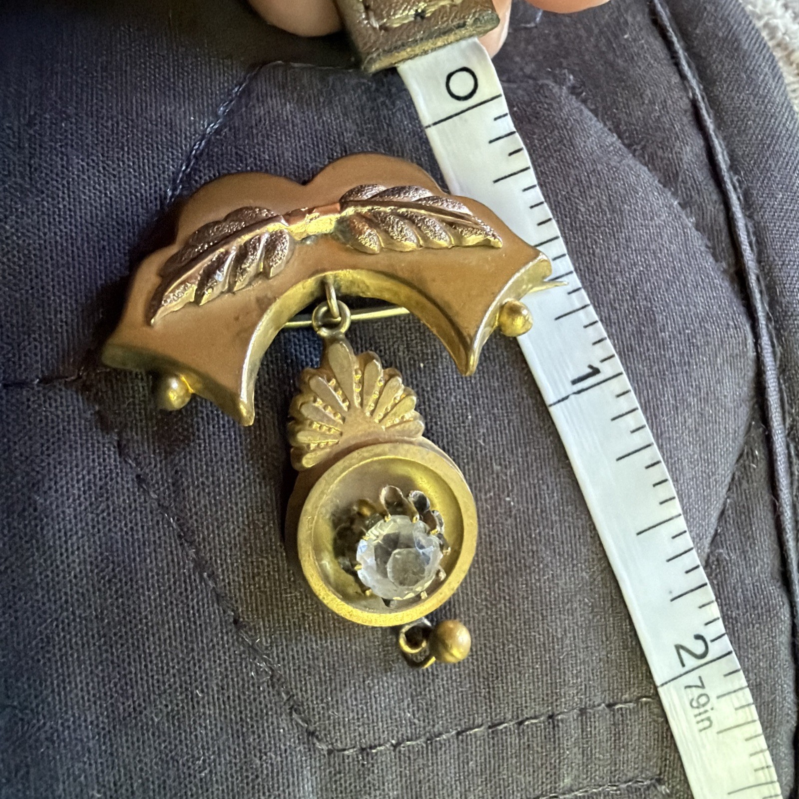 Antique Victorian Etruscan Hollow Gold Filled Dangle Brooch Pin Rose Gold Leaves