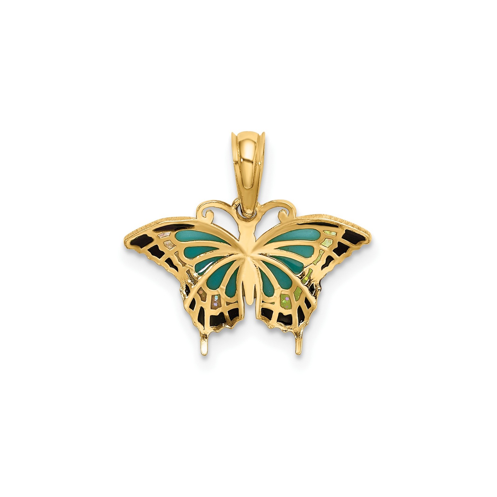 10K Yellow Gold Solid Butterfly Pendant Charm with Turquoise Black Enamel