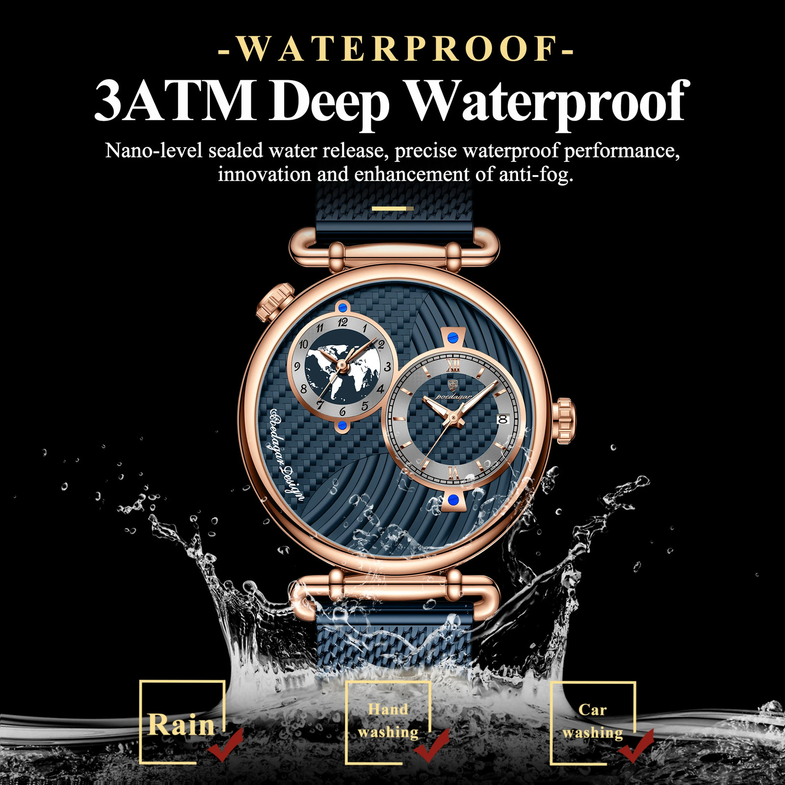 POEDAGAR Sport Man Wristwatch Multiple Time Zone Display Waterproof