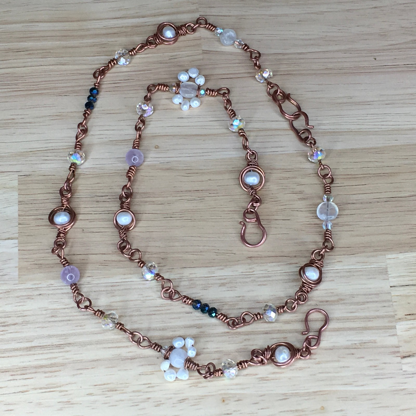 Artisan Long Necklace Pearls Moonstone Amethyst Beads, 4 Hook Wire Wrap Handmade
